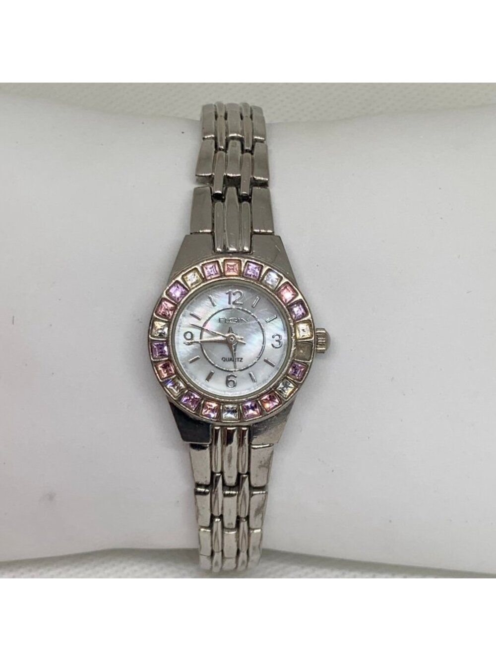 Vintage Elgin women’s watch silver tone mop dial Gemstones quartz 23mm running